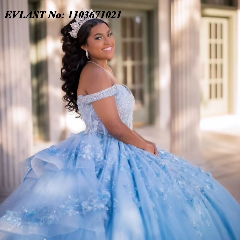 EVLAST-Robe Quinnceanera bleue ciel personnalisée, appliques en dentelle 3D, nœud perlé, corset doux, robe éducative Gow Ball, 15 ans, SQ609, 16