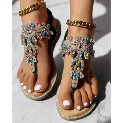 Summer Fashion Women Colorful Rhinestone Decor Going Out Shoes Toe Post Flat Sandals Round Toe Korean Style Sandals Traf