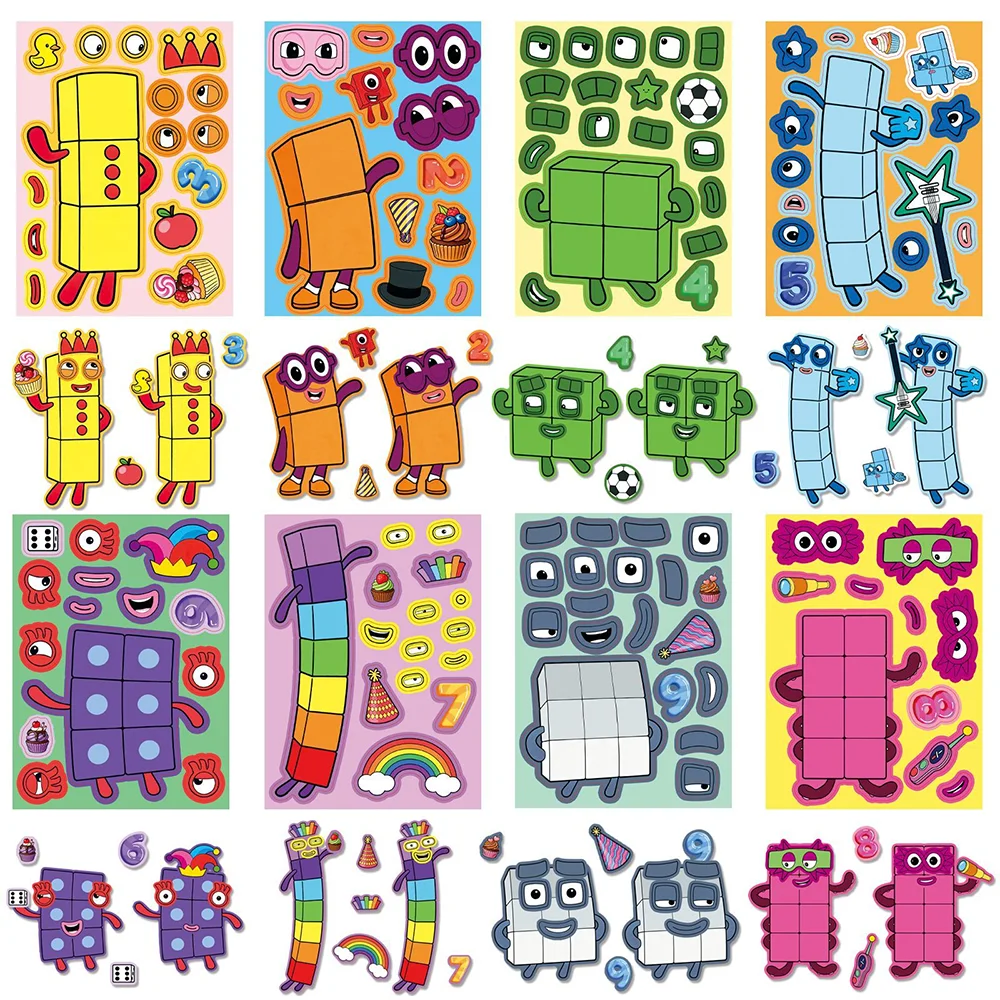 8/16 Blatt Cartoon Numberblocks Dekorative Puzzle-Aufkleber aus PVC-Material, Lernspielzeug für Kinder, Wasserfeste Party-Geschenkaufkleber – Detail 2