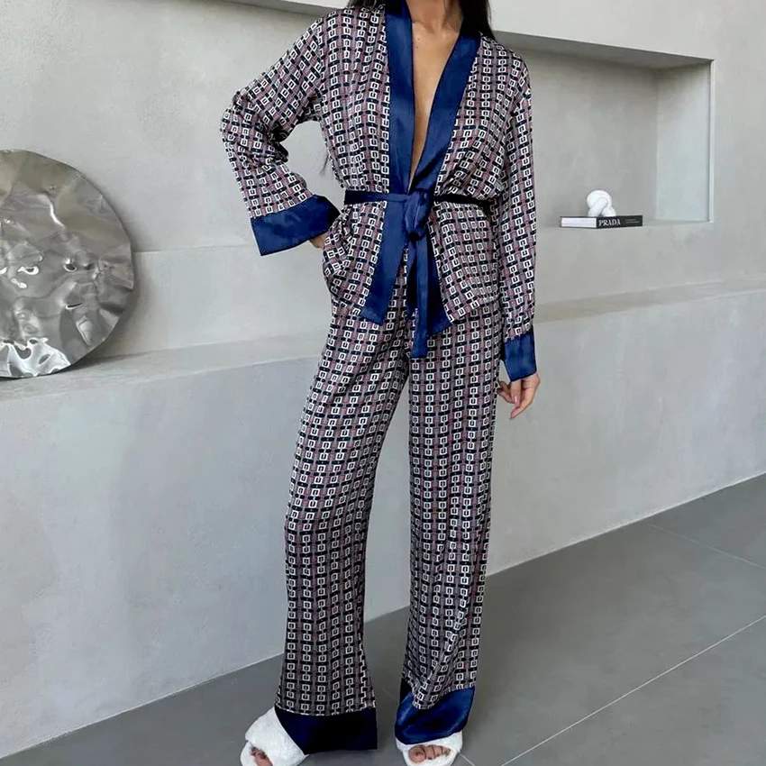 HiLoc Printed Fashion Woven Pajamas Two-Piece Long Sleeve V-Neck Wrap-Around Lace-Up Nightgown Elastic Waist Full Length Pants