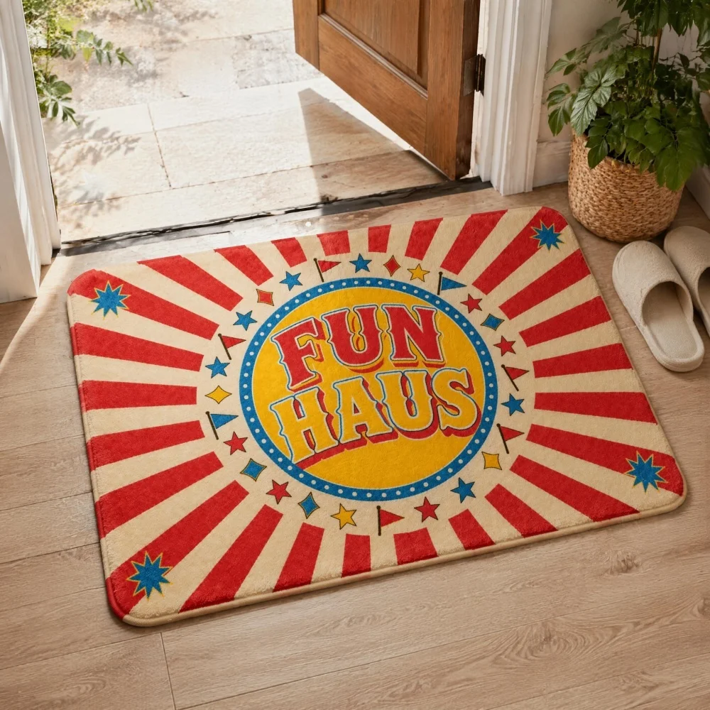 Vintage Circus Radiant Stripe Flannel Doormat, Non Slip Indoor Entrance Floor Mat,Retro Carnival Pattern Area Rug,Front Door Mat