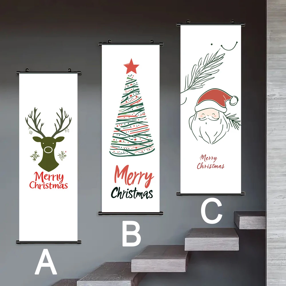 Graffiti Lines For Christmas Reindeer. Santa Claus. Christmas Tree C , Christmas Day Decoration Hanging Painting,16x47 inches