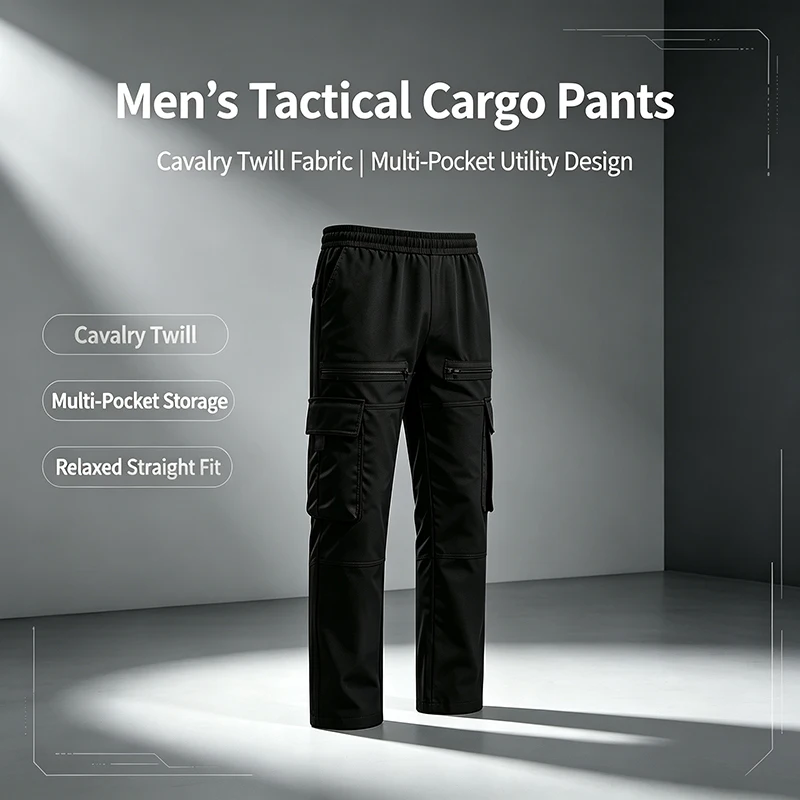 Herren Cargo-Hosen mit elastischem Bund, Kordelzug, mehreren Taschen, normaler Passform, geradem Bein, lässige Frühlings- und Herbst-Outdoor-Streetwear-Hosen – Detail 1