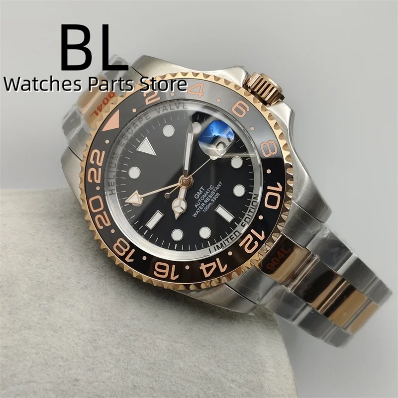 BLIGER 43mm GMT Watch Automatic Silver Rose Case With Chapter Ring Black Dial AR Blue Sapphire Glass Magnified Date Waterproof