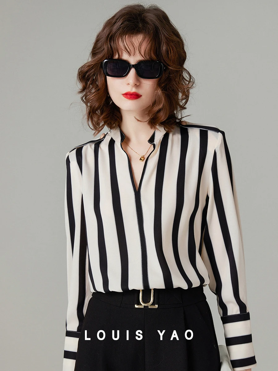 

LOUIS YAO Women Shirt 2023 Autumn Office Lady Long Sleeve V Neck Stripe Blouse Breathable Women Tops