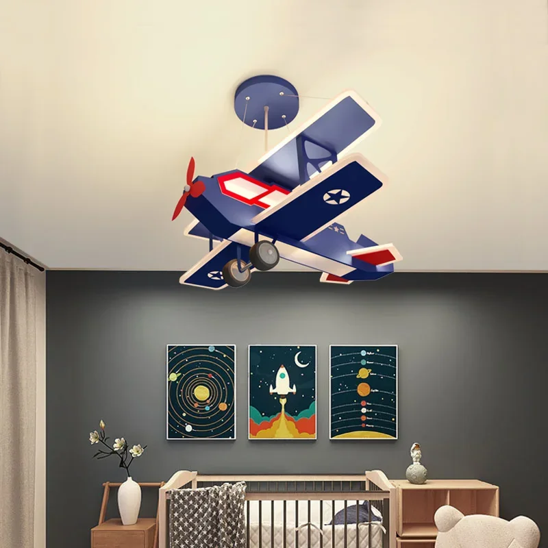 Creative Blue Airplane Eye-Caring  LED Chandelier, Perfect for Boys' Bedroom, Unique and Stylish Ceiling Pendant Lamp