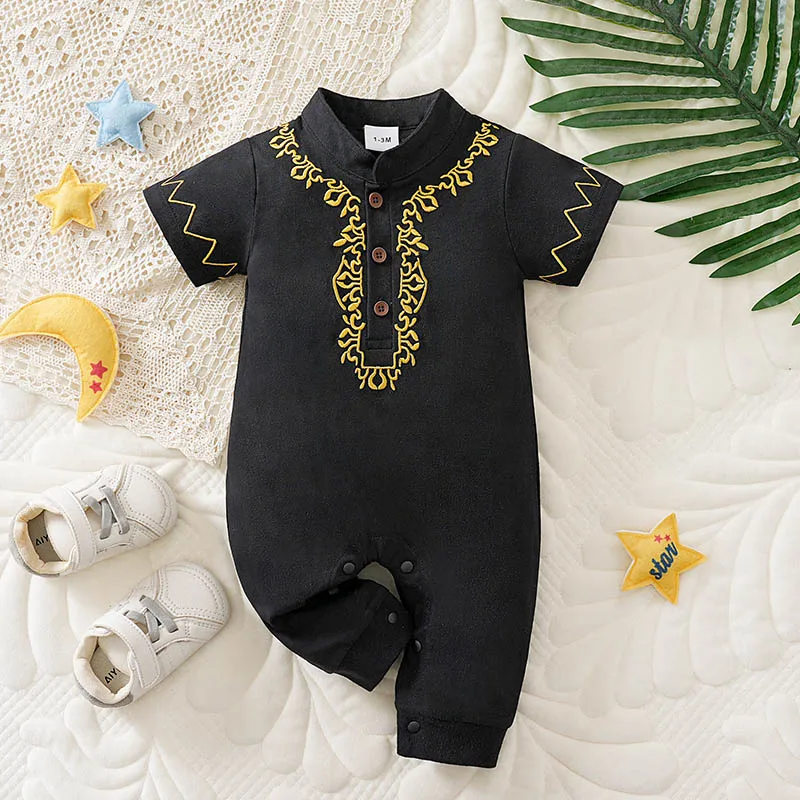 Newborn Soft Cotton Knitted Romper, Ethnic Style Ramadan Short Sleeve Jumpsuit Black with Gold Accents Minimalist Comfortable