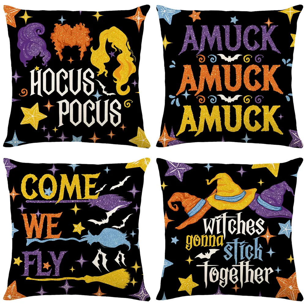 

Halloween Decor Pillowcase 18x18 Inches Linen Pillow Cover Rock Witch Magic Black Pillow Case Home Sofa Decorative Cushion Cover