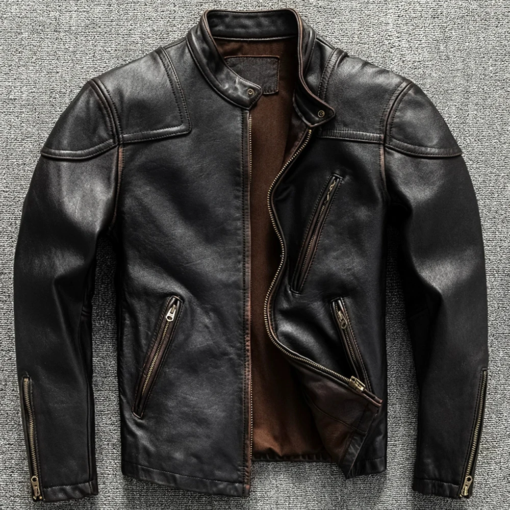 Hard Genuine Leather Horsehide Racing Jackets 5XL Stand Collar Automotive Mens Coat Winter Zipper Overcoat Free shipping