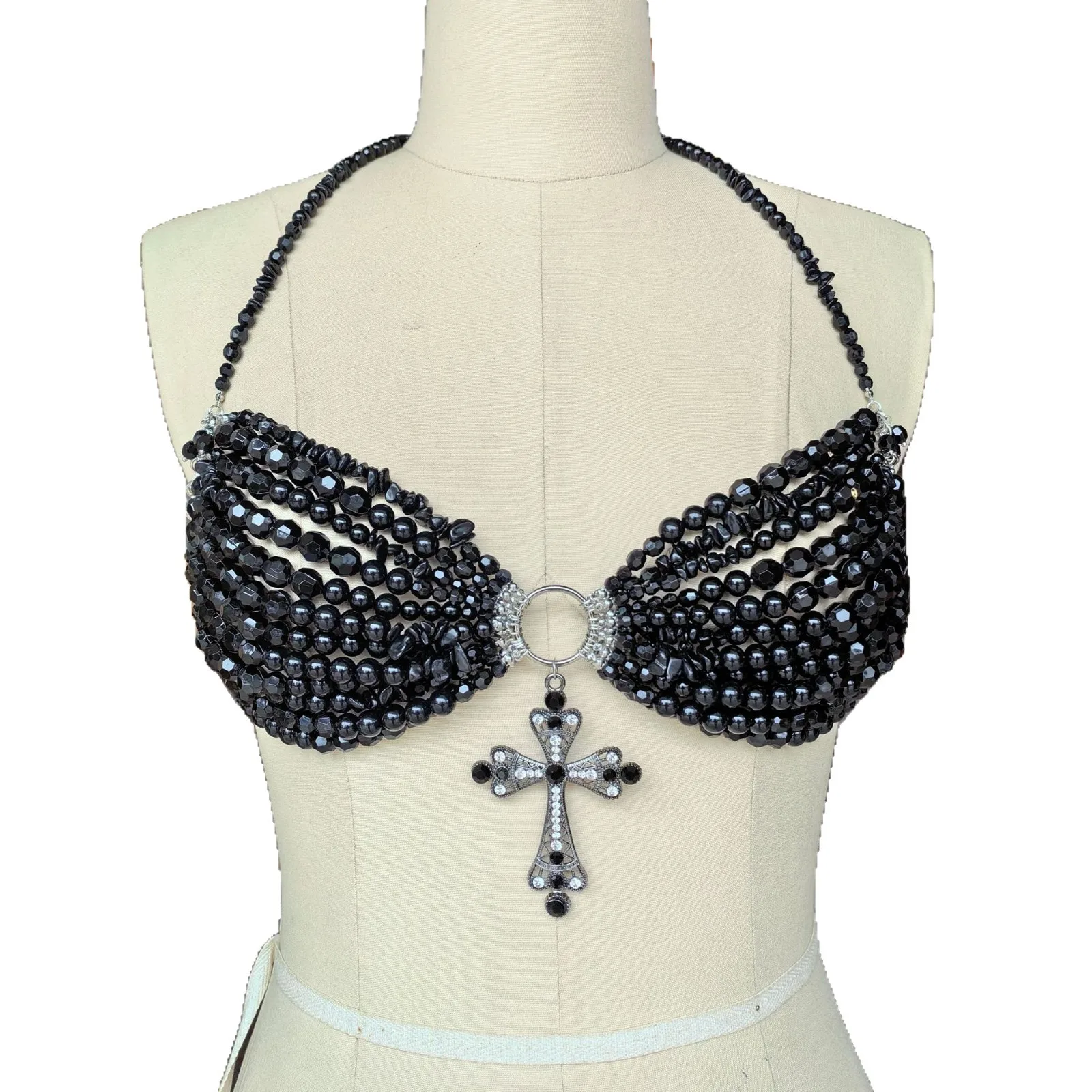 Sexy Gothic Beaded Body Chain for Women Zircon Cross Pendant Bra Punk Trendy Women's Camisole Suitable for Bars Party Beaches