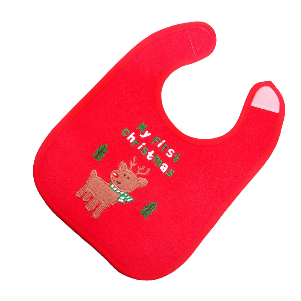 

Waterproof Baby Bibs Red Christmas Deer Embroidery Adjustable Snap Closure Drool Proof Fabric Newborn Feeding Bibs