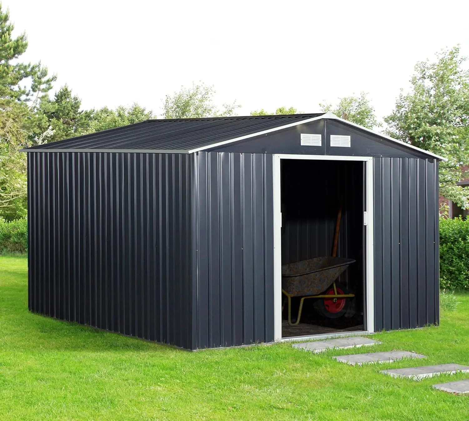 11' x 9' Outdoor Storage Shed, Garden Tool House with Foundation Kit, 4 Vents and 2 Easy Sliding Doors for Backyard, Patio