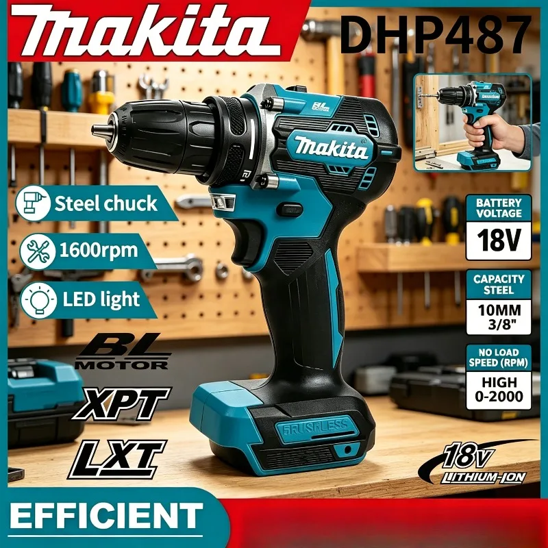 

Аккумуляторная ударная дрель-шуруповерт Makita DHP487 18V LXT, компактный бесщеточный электроинструмент