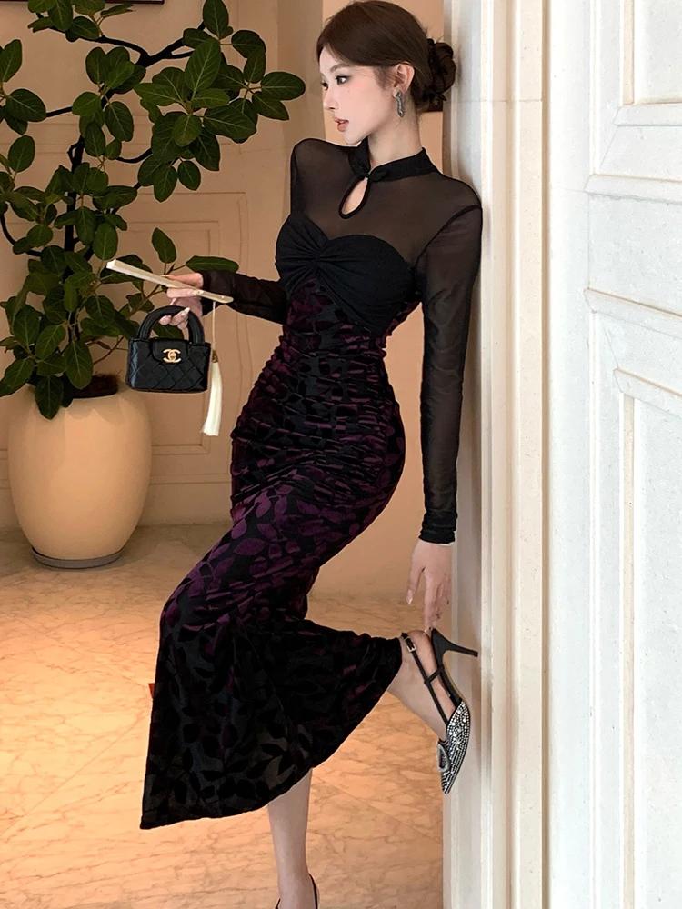 2025 preto jacquard retalhos malha pura sexy vestido longo feminino elegante vestido de noite de luxo outono inverno coreano bodycon vestidos