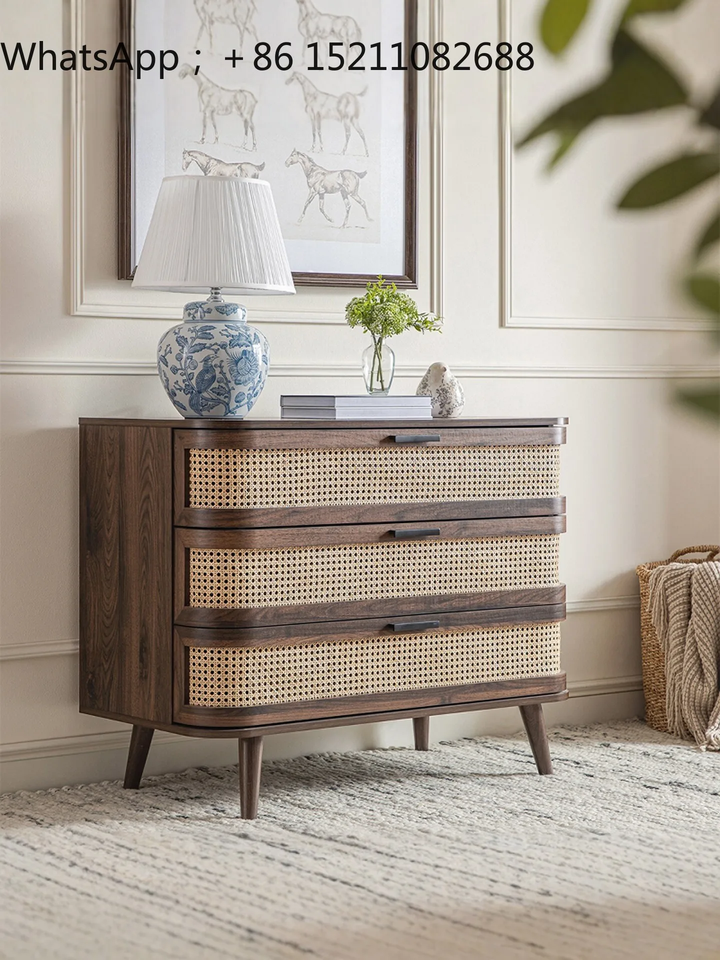 LLY medieval solid wood rattan three-bucket cabinet walnut bedroom bedside cabinet retro home storage drawer cabinet