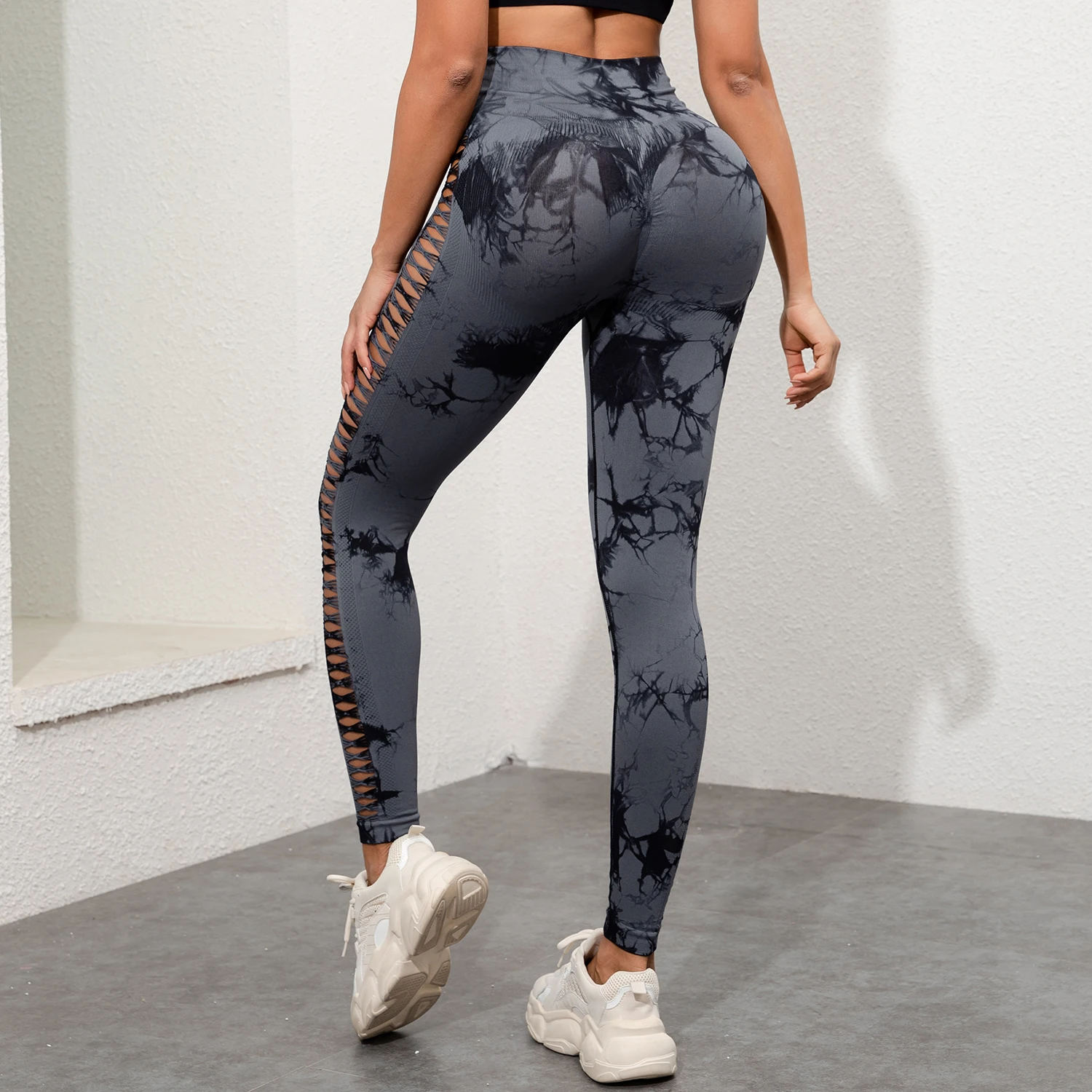 Seksowne Hollow Tie Dye spodnie do jogi damskie bezszwowe podnoszenie pośladków legginsy treningowe siłownia sportowe rajstopy Fitness odzież