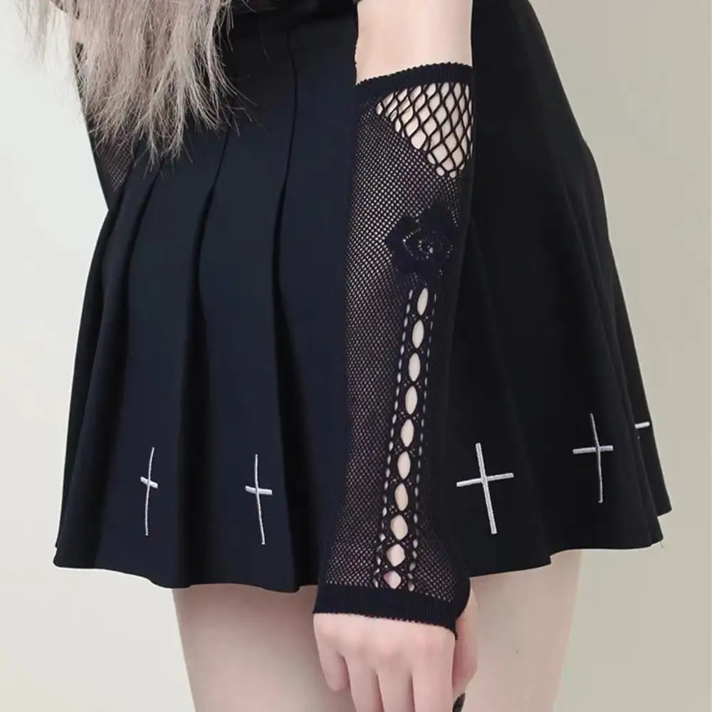 Punk Sexy Spitze Fingerlose Handschuhe Schwarz Gothic DIY Ärmeln Mesh Fishnet Bowknot Schwarze Handschuhe Y2K Cosplay Fingerlose Fäustlinge JK