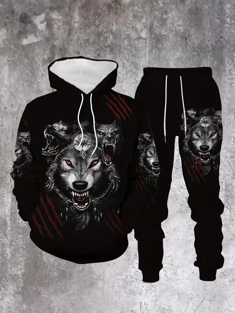 Men's 3D Wild Wolf Print Hoodies Pants 2-Piece Casual Hooded Sweatshirt Joggers Set Outdoor Athletic Hoodie Set Tracksuit Outfit