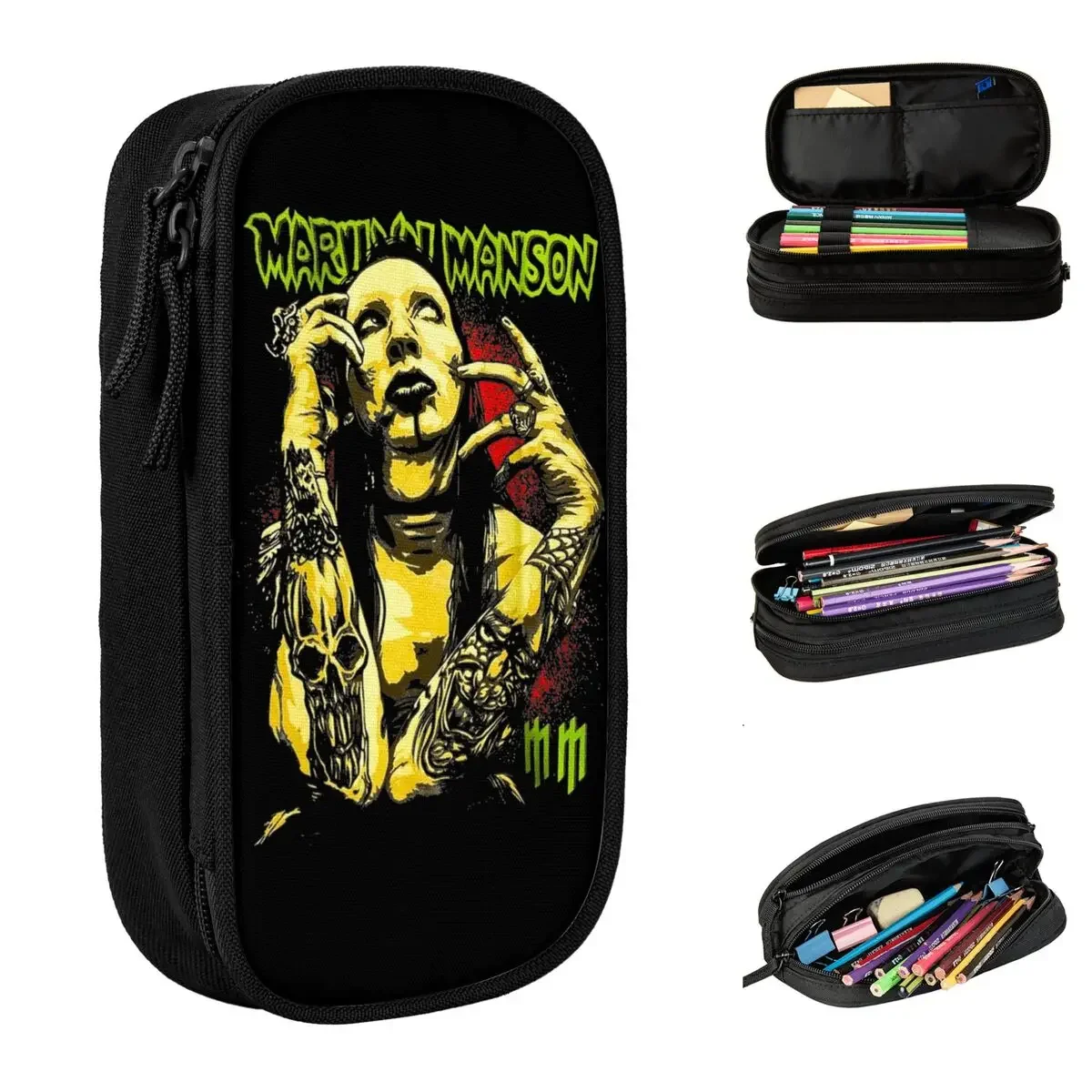 

Large Pencil Pouch Marilyn Manson Gothic Fans Merch Double Layer Pencil Box Girl Makeup Bags Birthday Gift