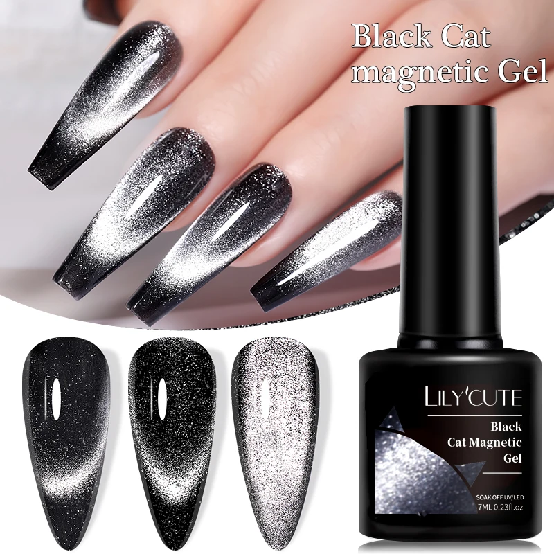 LILYCUTE 7ML Black Crystal Cat Magnetic Gel Sparkling Glitter Gel Nail Polish Semi Permanent UV Gel Nail Art No Need Base Color