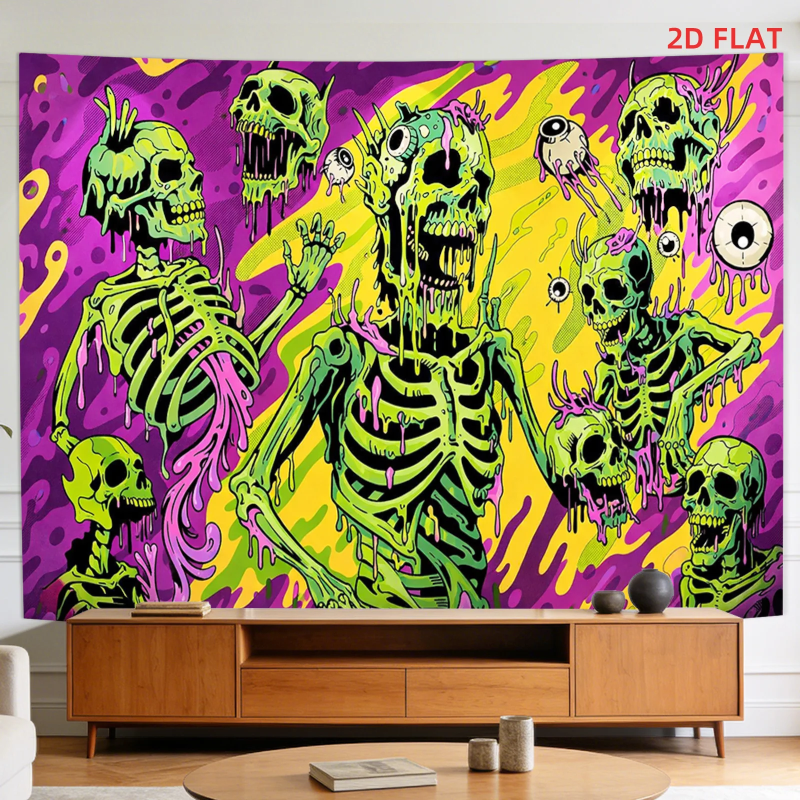 Pop Art Halloween Skeleton Skull Zombie Tapestry Wall Hanging Groovy Horror Decor Spooky Man Cave Living Room Party Banner Art P