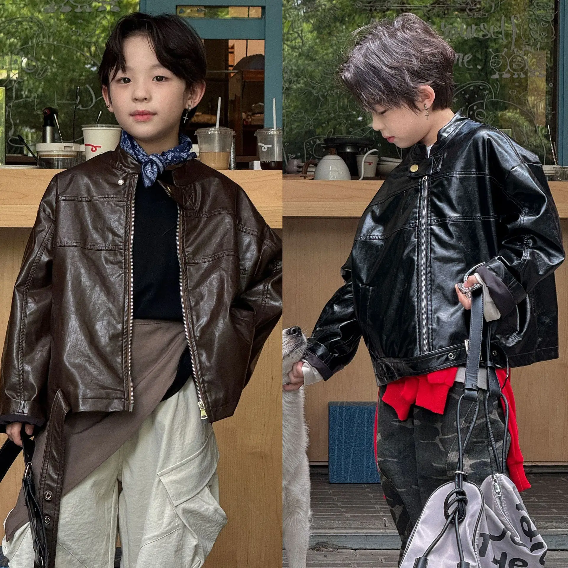 

2025 Autumn New Children's Clothing Boys' American Glossy Oil Wax Leather Motorcycle PU Leather Jacket