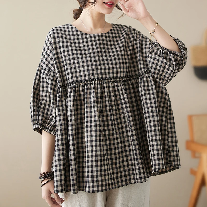 

plus Size Women's Cotton Linen irt round Ne Lantern Sve Plaid Summer New Sle Korean Version Puffy Commute Faion