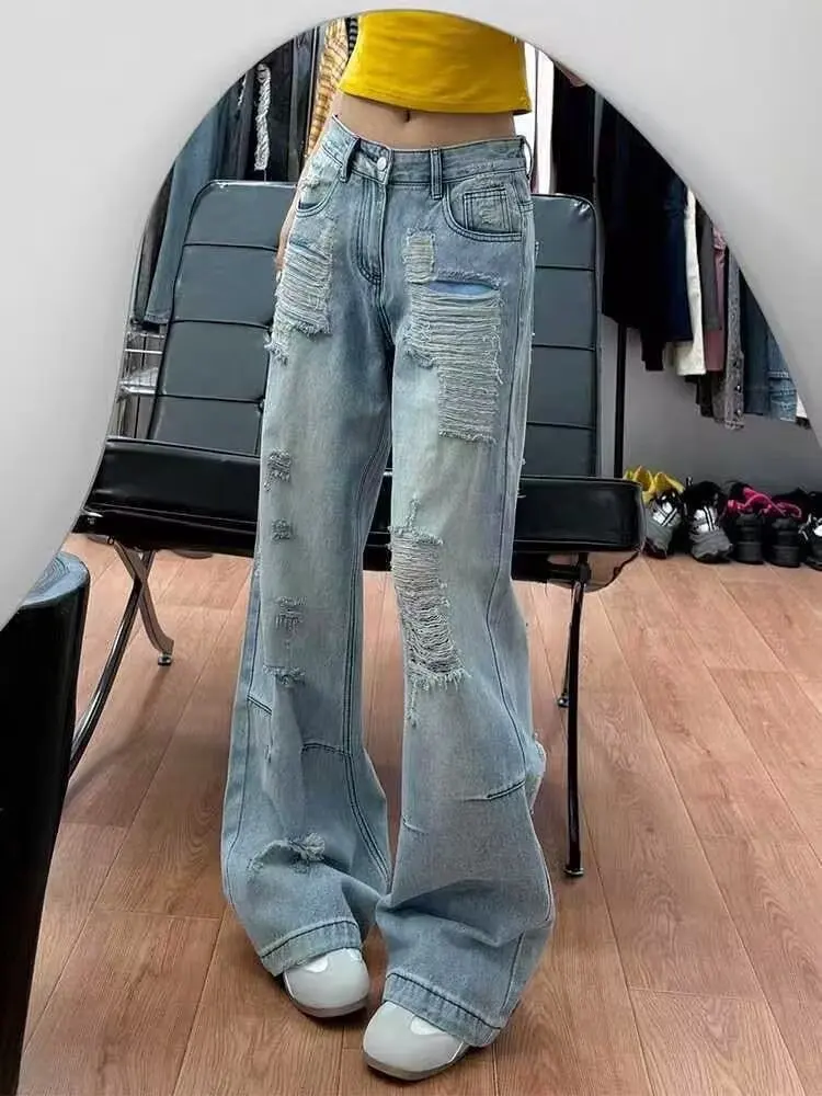 Y2K renda rasgada perna larga jeans meninas primavera verão solto ajuste até o chão calças da moda