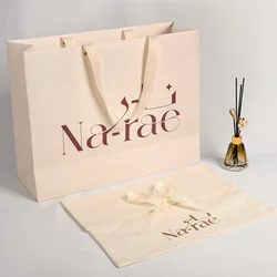 Custom Recycled  Luxury Cream Beige Shopping Paper Bags With Your Own Logo Ivory Clothes Packaging Gift Bag With Ribbon Handle