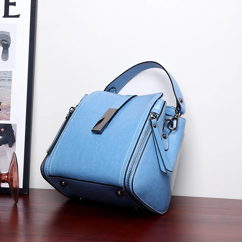 

Women's Oil-waxed Cow Leather Crossbody Bags Ladies Cowhide Designer Luxury Handbags Female Retro Shoulder Bag Girl Bucket Totes