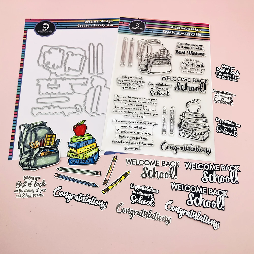 

Alinacutle Clear Stamps Back to School Schoolbag Books Dies Cut Scrapbooking Paper Craft Metal Cutting Dies Transparent Stamps