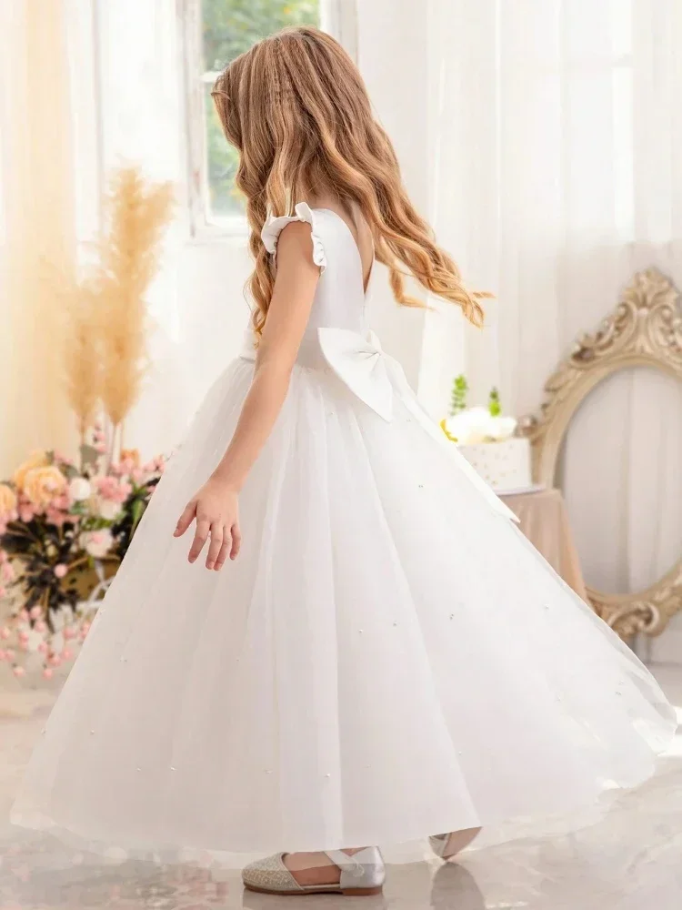 Flower Girl Dress White Tulle Pearls Skirt With Bow Short Sleeve For Wedding Birthday Party First Communion Gowns Princess Dress