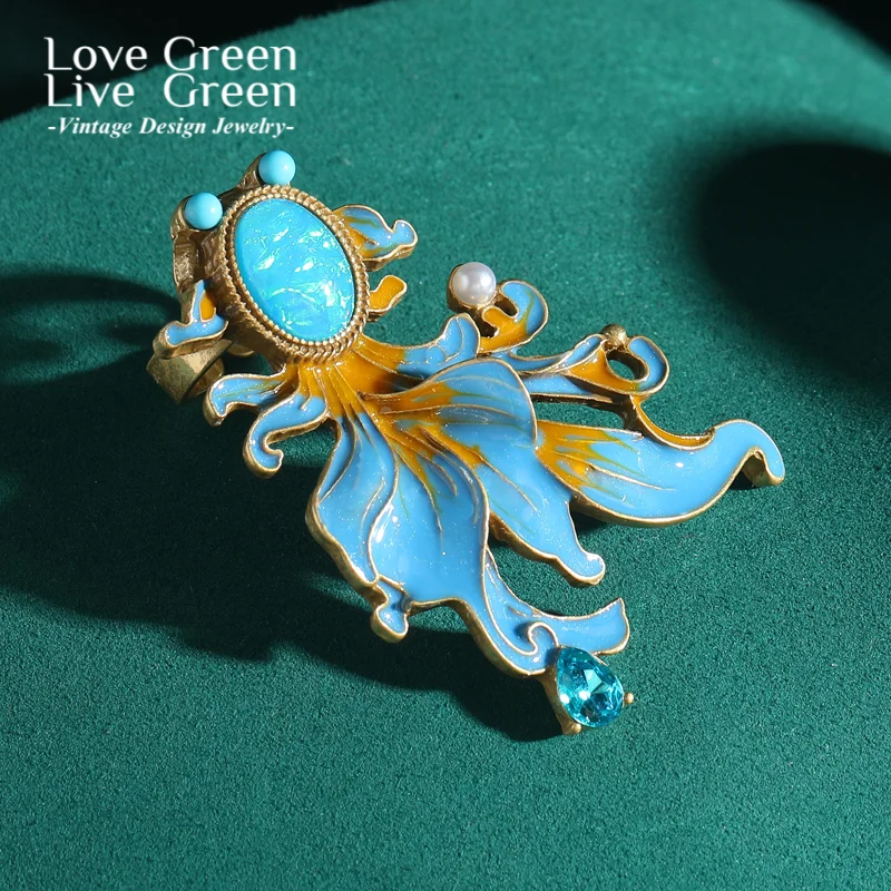 

Vintage Enamel Blue Goldfish Rings Gold Color Luxury Stone Animal Antique Jewelry Accessories Fashion Retro Outfits for Women