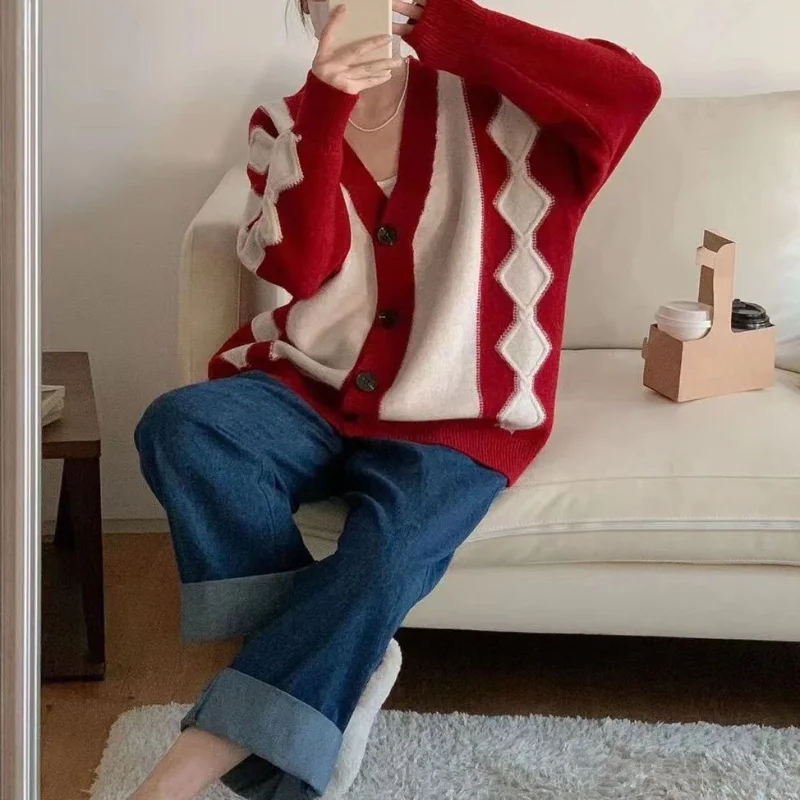 

Cardigan sweater Top Women2023 Forest Series V Neck Meat covered Knitted Sweater Women Cardigan Spring and Autumn Sweater Female