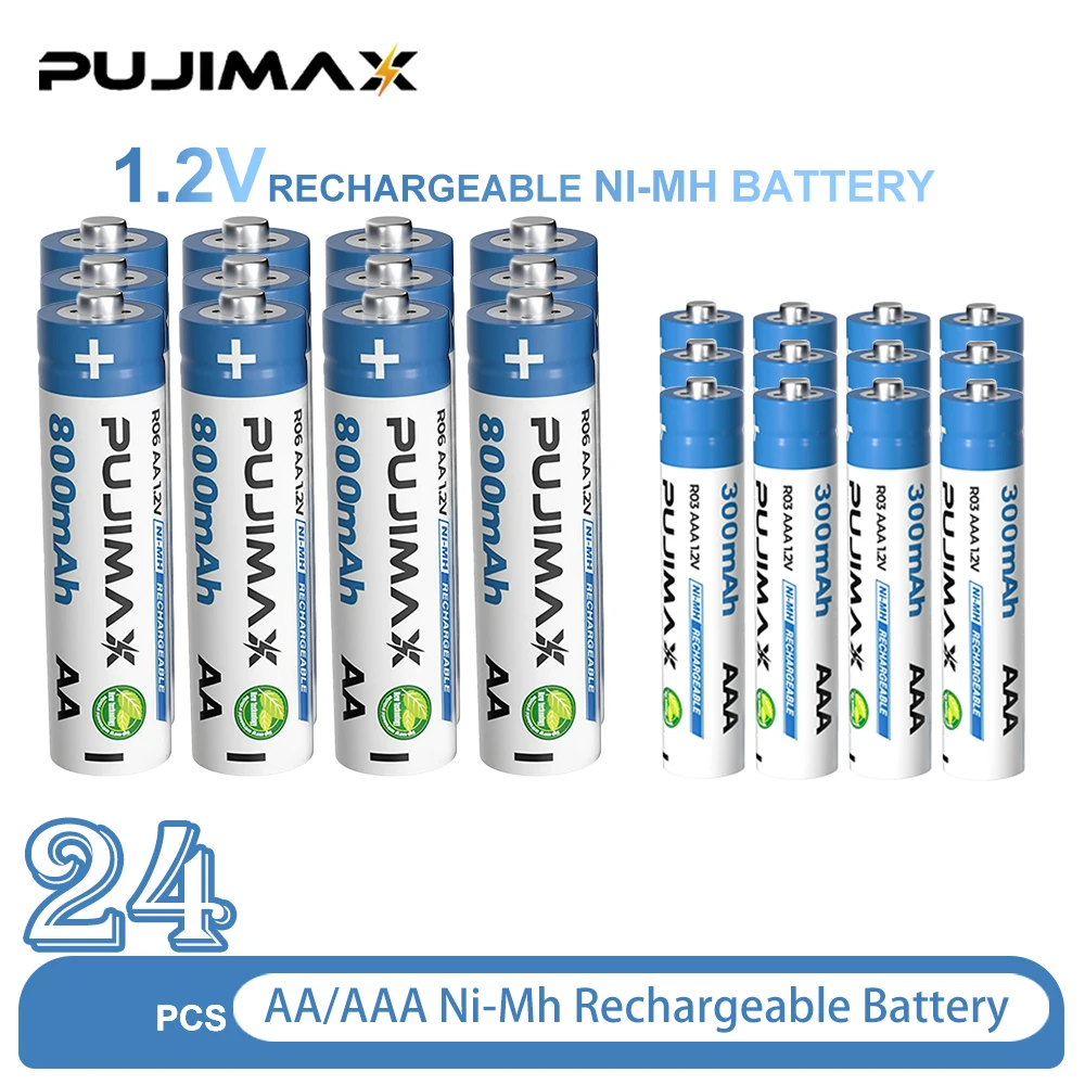 PUJIMAX 24PCS Ni-MH Rechargeable Battery 12Pcs AA 800mAh +12 Pcs AAA 300mAh Batteries for Garden Landscaping Solar Lights Toys Watch MP3 Player