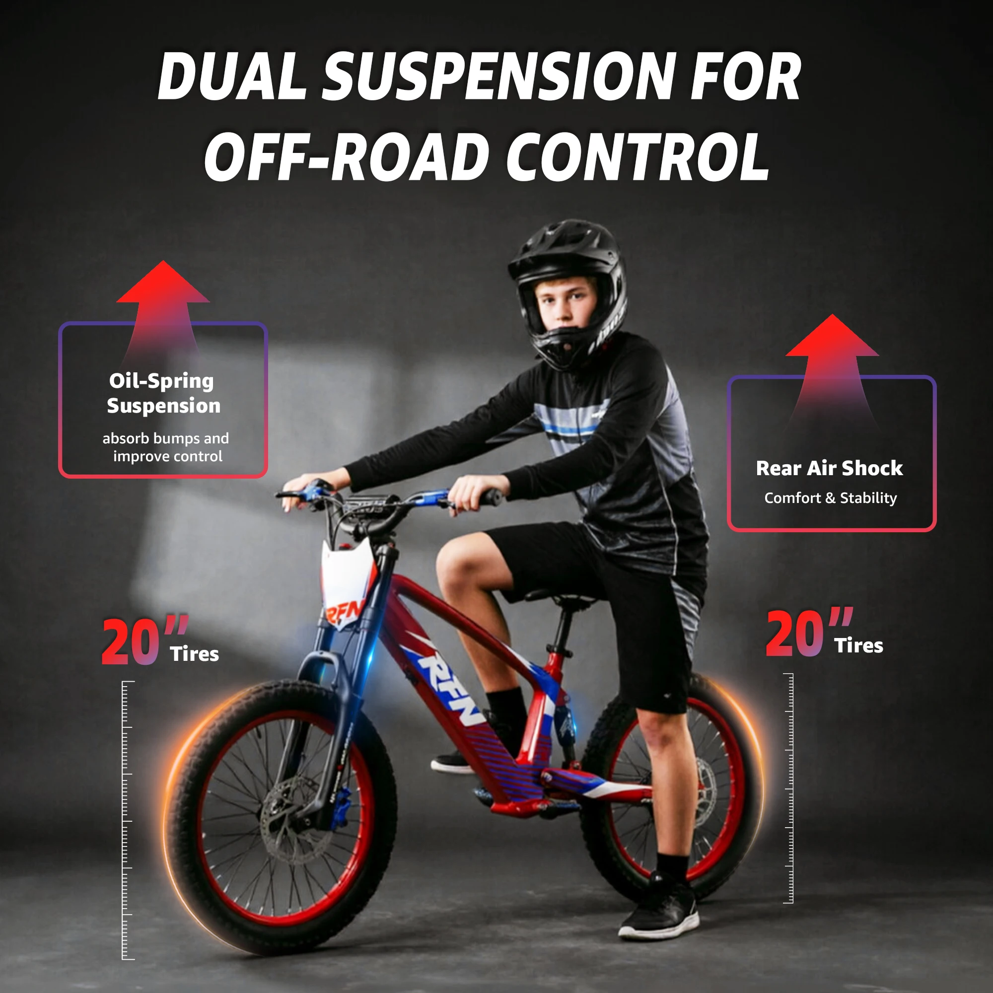 RFN EVO20 RACING Kids Electric Bike 12+ Years Old 800W 3-Speed 36V 7.5Ah 20 Inch Tire - Children's Electric Bicycle image 5