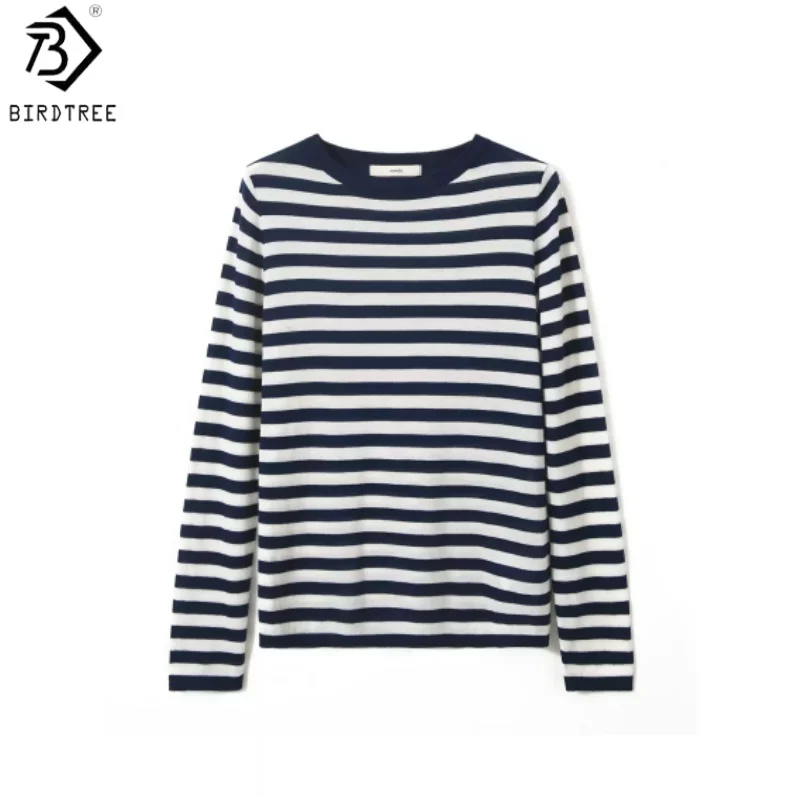 Birdtree, 100% Sheep Wool Stripe Tshirt, Long Sleeve Soft Tops, Women's Knitted O-neck Loose Shirt, 2026 Autumn New T69633JF