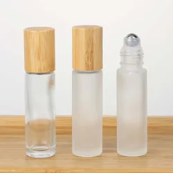 6PCS 10ML Frosted Transparent Glass Essential Oil Roll On Bottles with Stainless Roller and Bamboo Lid Perfume Vial DIY