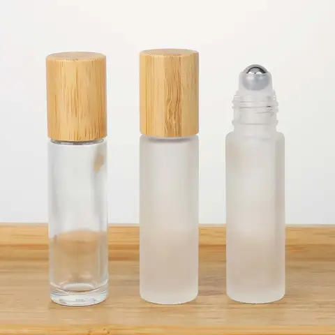 반투명 투명 유리 에센셜 오일 롤 온 병, 스테인레스 롤러 및 대나무 뚜껑 향수 바이알, DIY, 6 개, 10ml
