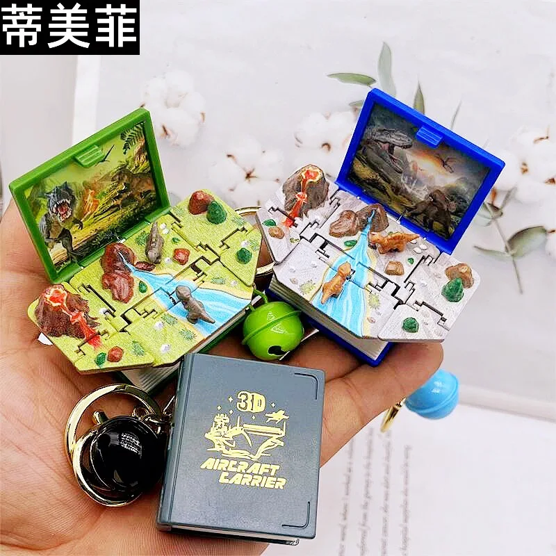 Creative 3D Pop-Up Book Keychain, Fantasy Magic Book Ornament with Castle Dinosaur Spaceship Ship Design