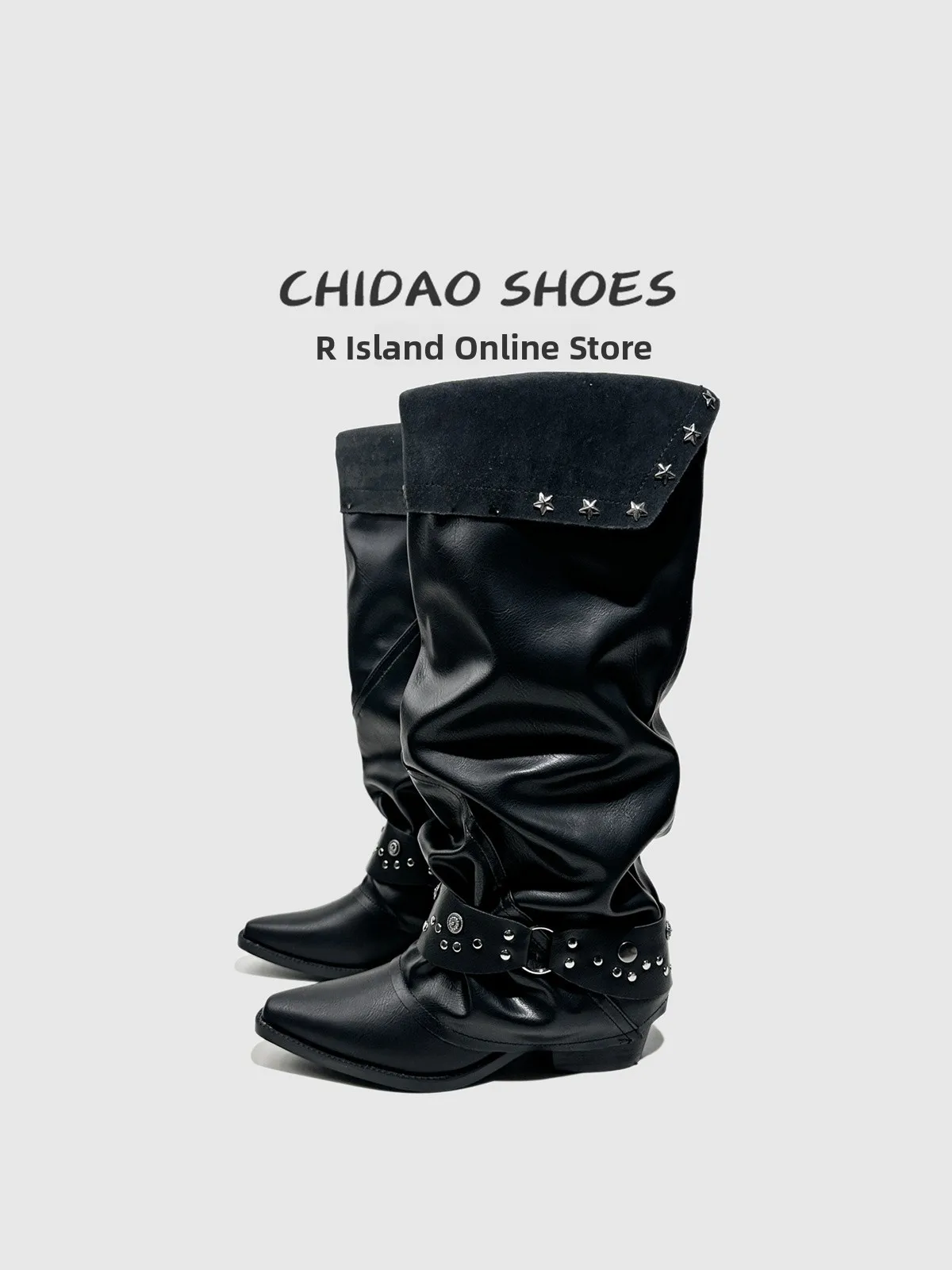 

Slimming Pointed Toe Long Boots Women's Leather Cuff High Heels Faionable Rivet Detailing Bla Over-The-Knee Boots