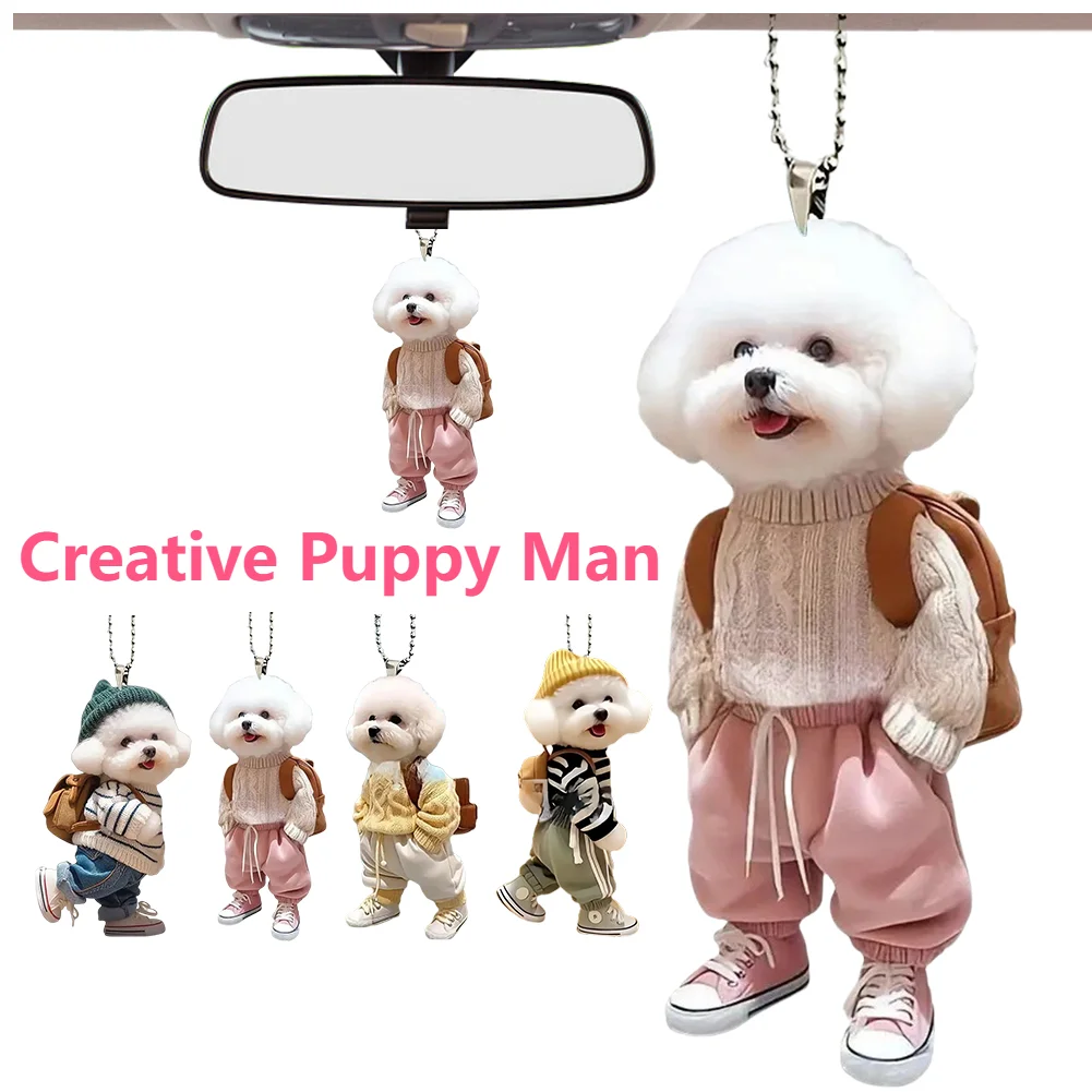 Creative Puppy Man Acrylic Backpack Rearview Mirrors Pendant Realistic Auto Rearview Mirror Ornament Car Decoration Accessories