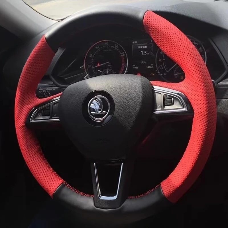 

Чехол на руль автомобиля из черной и красной кожи ручной работы для Skoda Fabia, Rapid, Scala, Octavia, Roomster, Superb, Yeti 2013-2019