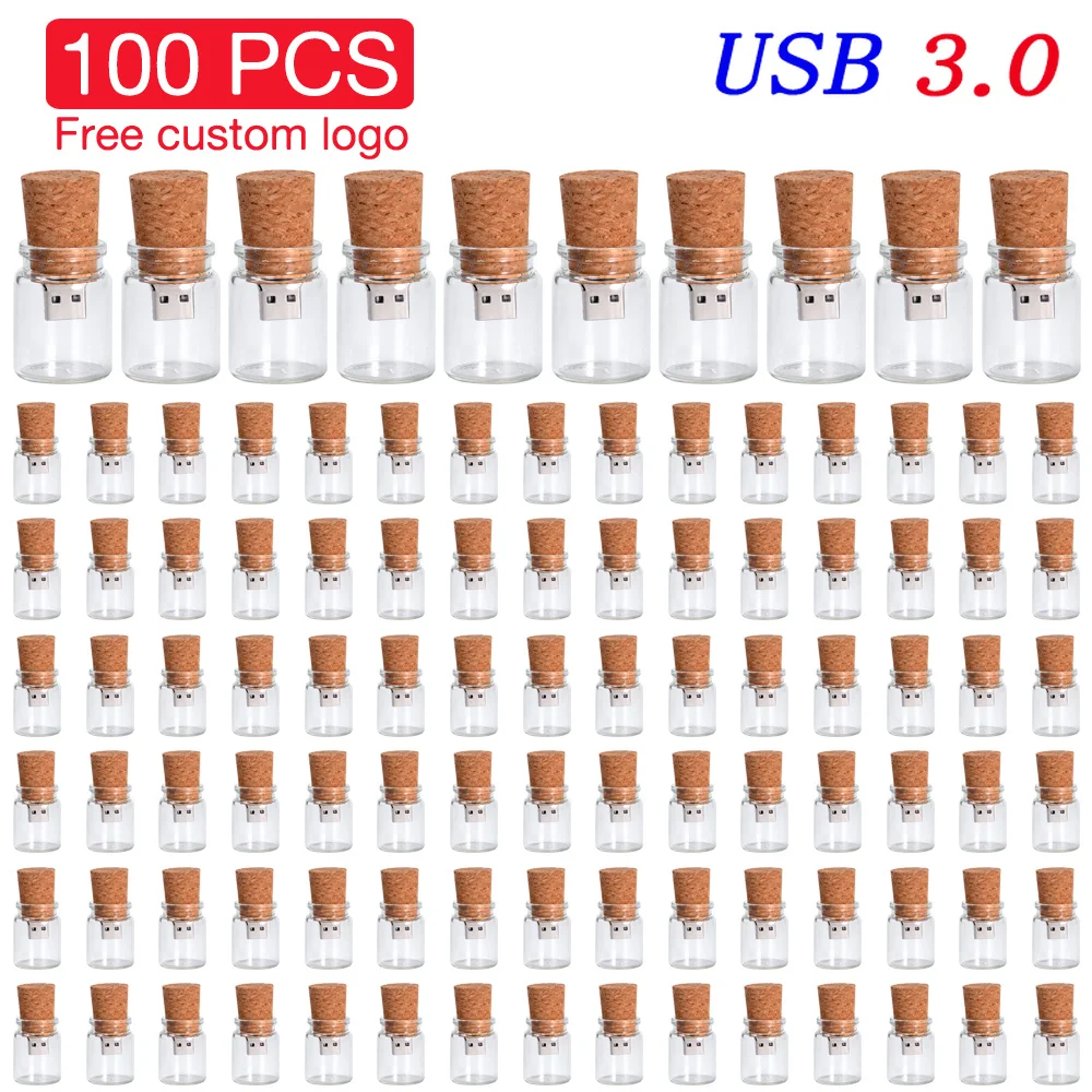 100 Pieces Lot Set USB 3.0 Flash Drive 128GB Free Custom Logo Pen Drive 64GB Glass Bottle Memory Stick 32G Personalized Pendrive