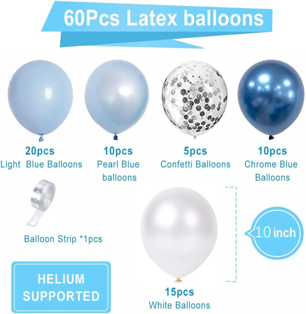 60Pcs 10Inch Blue White Silver Sequin Latex Balloons Baby Kid\'s Birthday Party Baby Shower Wedding Graduation  Decorations