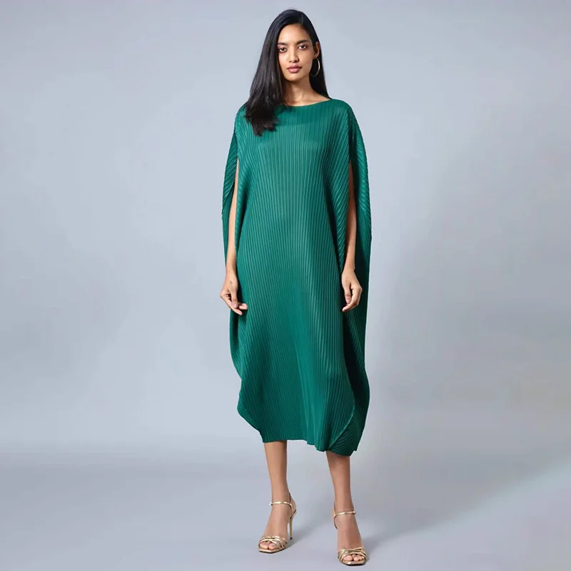 Miyake Pleats New Irregular Fashion Spring 2024 Large Size Loose Dress Bat Sleeve MIDI Dress