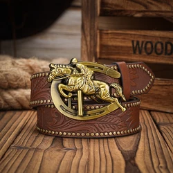 Men & Women-Western-Cowboy-PU Leather-Belts - Vintage horse Belt Floral Engraved Buckle Belt for Jeans