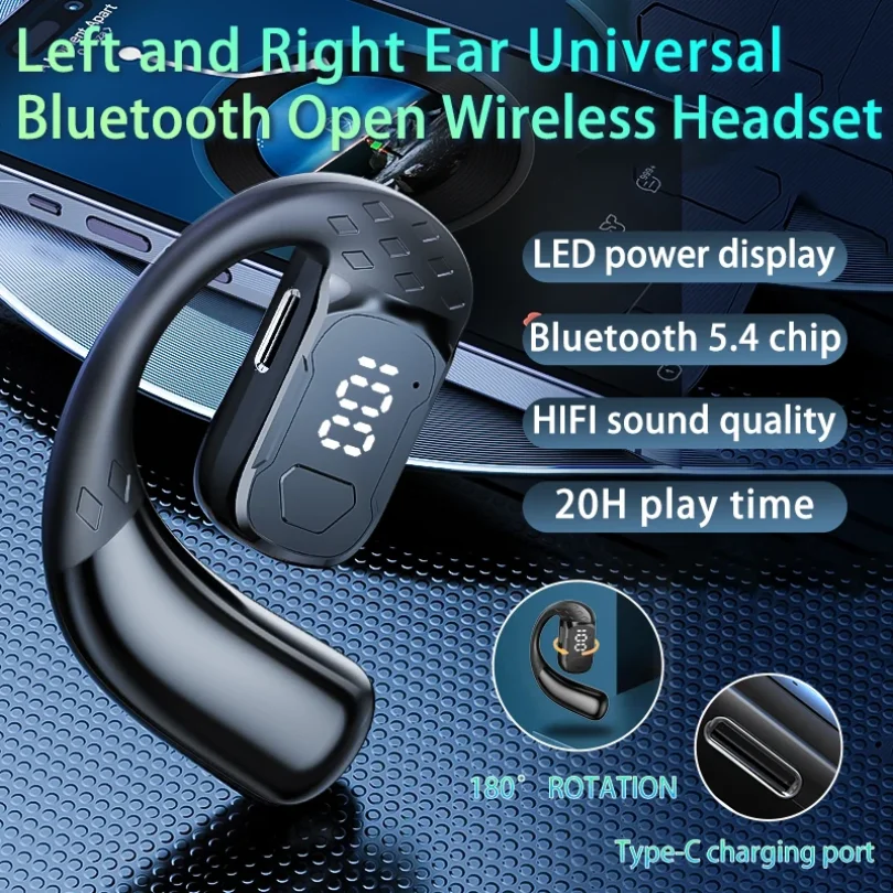 

Беспроводная гарнитура 180 ° Универсальные Bluetooth 5.4 наушники с регулируемой по повороту лево-право конструкцией, микрофоном, для спорта, бизнеса и прослушивания музыки, с креплением на ухо