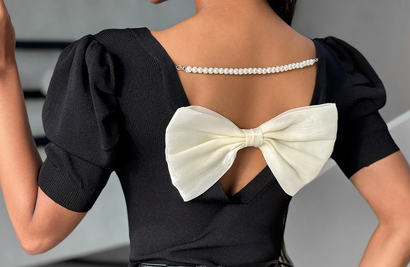 Fashion Top Woman Summer 2024 New Versatile Casual Bow Tie Short Sleeved Back Solid Color Y2k T-shirt for Female Streetwear