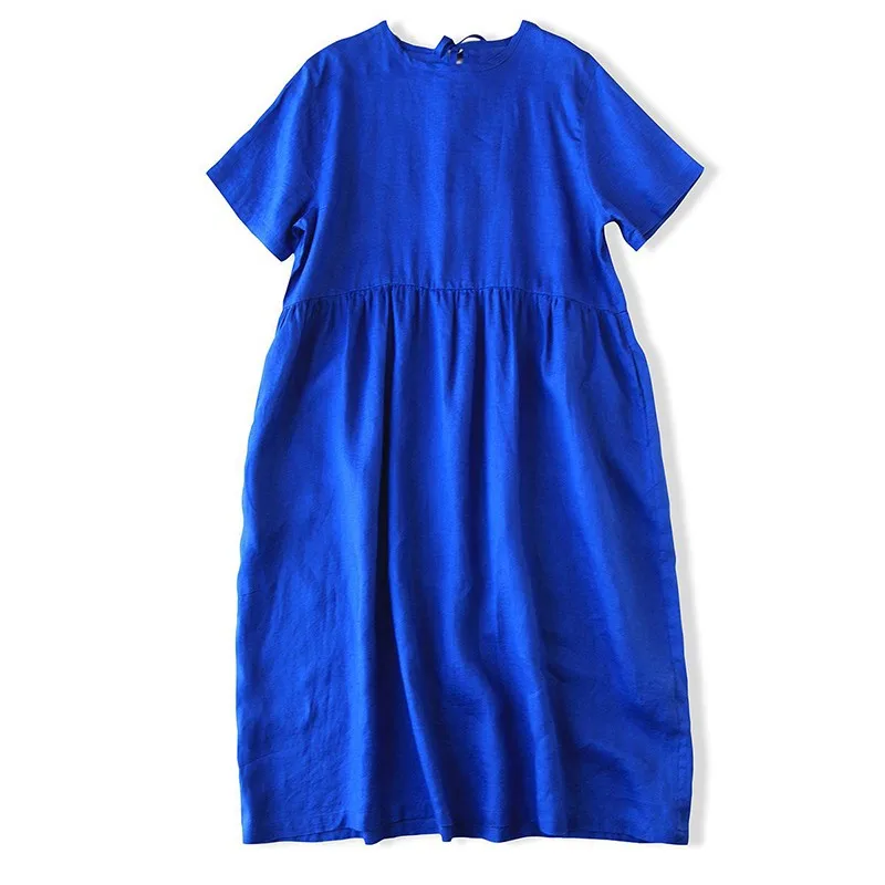 

2023 Summer New Arts Style Women Short Sleeve O-neck Knee-length Dresses All-matched Casual Mori Girl Cotton Loose Dress P22